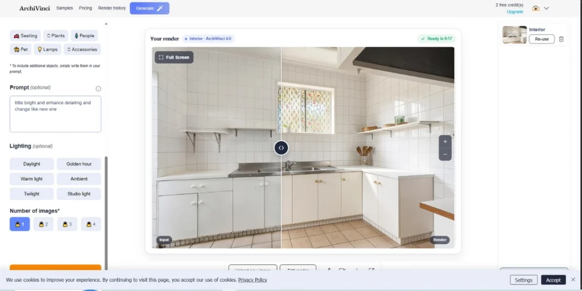 ArchiVinci AI kitchen render showing brightened and enhanced kitchen with before and after slider